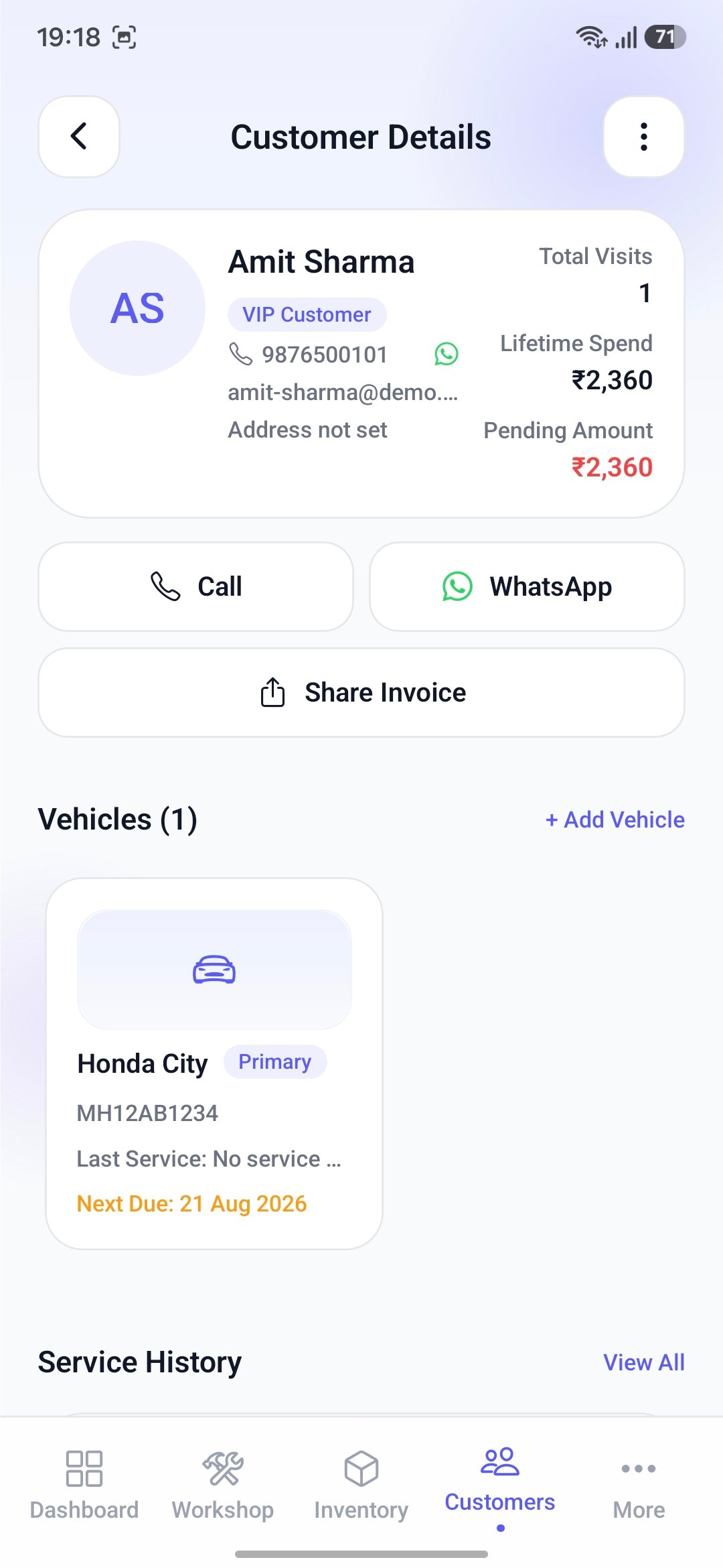 GearPhy customer details with vehicles, spend, and service history