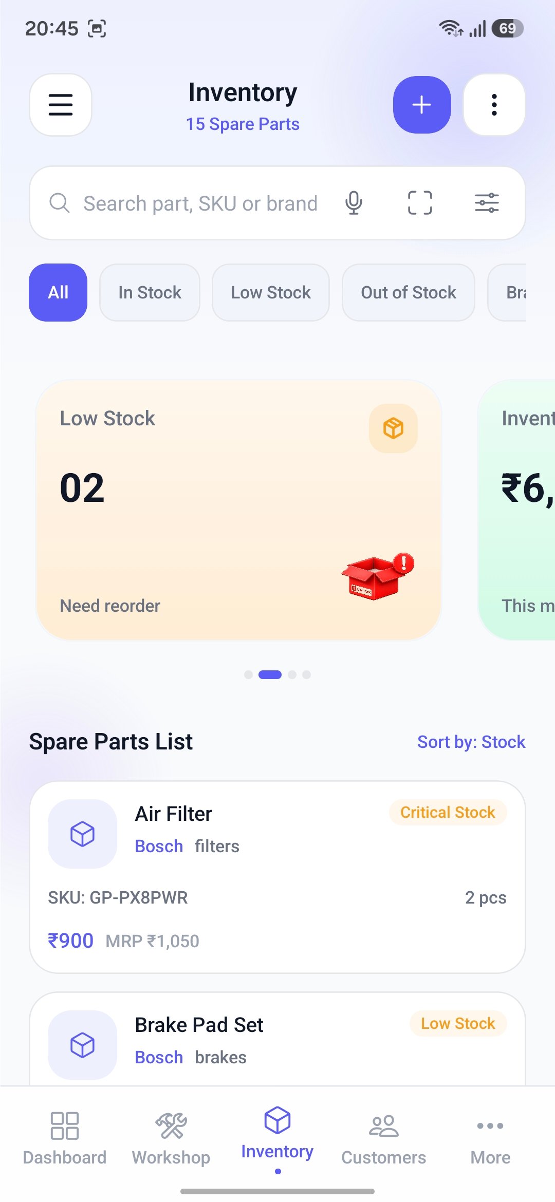 Spare parts inventory with stock status, SKU, and reorder alerts