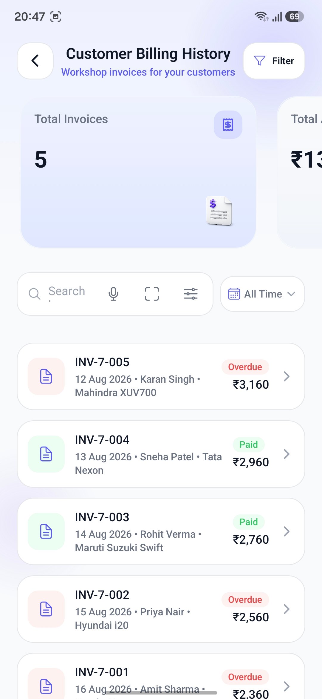 Customer billing history with paid and overdue invoices