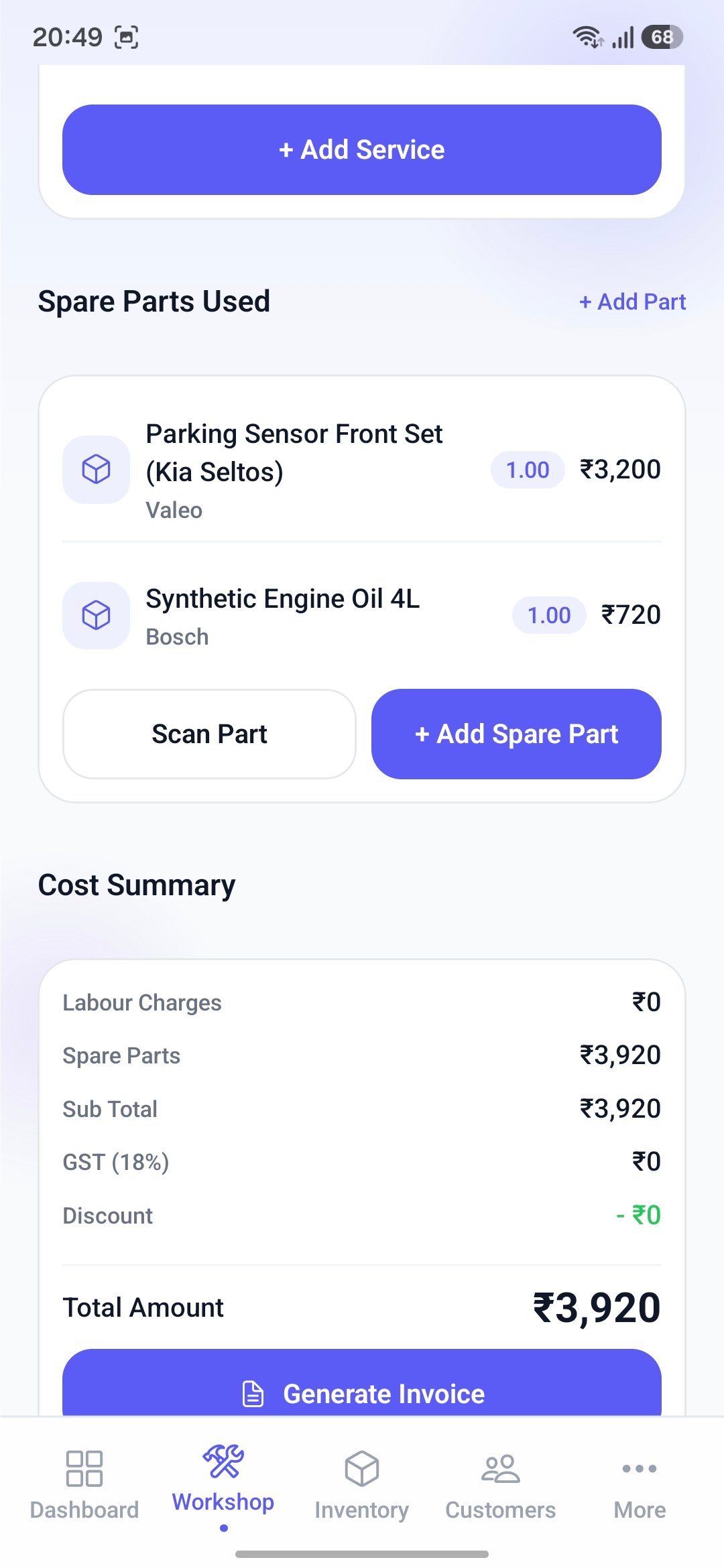 Job cost summary with spare parts used and generate invoice