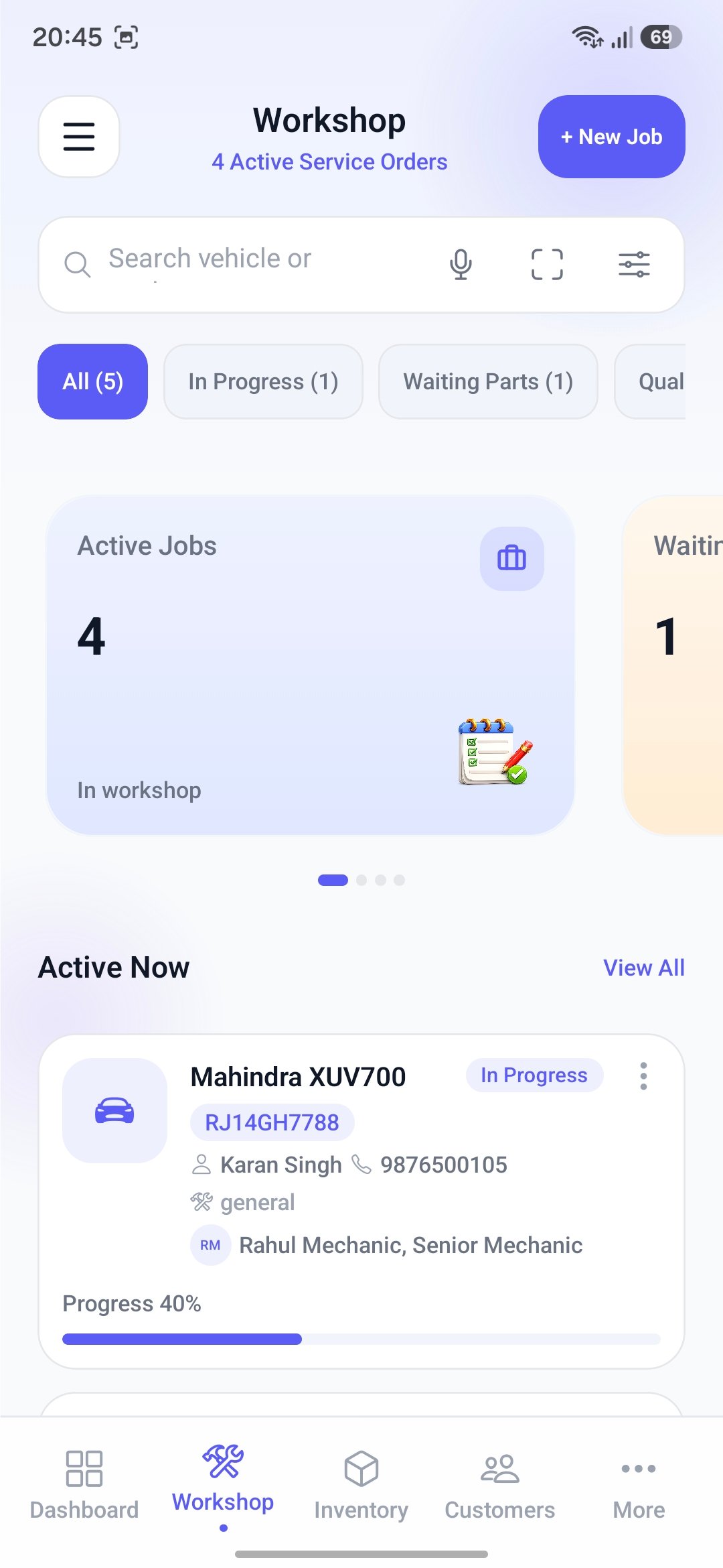 Workshop jobs list with active orders, search, and progress